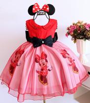 Vestido Infantil Minnie Vermelha Luxo Para Festas Tema E Tiara