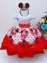 Vestido Infantil Minnie Vermelho Bolinhas Pérolas C/ Tiára super luxo festa RO1108MV