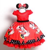 Vestido Infantil Minnie Vermelho Luxo Festa Temática E Tiara