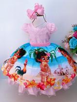 Vestido Infantil Moana Baby Rosa Strass Cinto de Pérolas Festa Luxo Temático