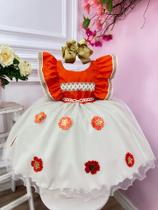 Vestido Infantil Moana Laranja C/ Apliques Flores Festas luxo RO1322LF08