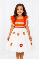 Vestido Infantil Moana Laranja com Apliques de Flores para Festas