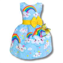 Vestido Infantil Nuvem Azul Arco Irís Laço Amarelo Festa Luxo Aniversário Vestido Infantil Nuvem Azul Arco Irís Laço Amarelo Festa Luxo Aniversário