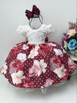 Vestido Infantil Off Peito Nervura Saia Marsala Florido Luxo Festa 1626OM