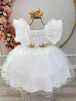 Vestido Infantil Off White C/ Broches Dourados Natal Festas Luxo Festa 3386OF