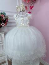 Vestido Infantil Off White com Aplique de Flores e Renda Luxo festa
