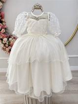Vestido Infantil Off White com Busto de Renda para Daminhas de Festas Luxo