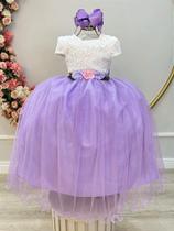 Vestido Infantil Off White com Saia Lilás, Renda e Broche para Damas Vestido Infantil Off White com Saia Lilás, Renda e Broche para Damas