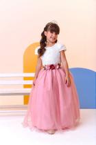 Vestido Infantil Off White com Saia Rosa, Renda e Broche Flor