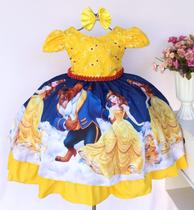 Vestido Infantil Para Festa Amarelo Tema Bela E A Fera E Tiara