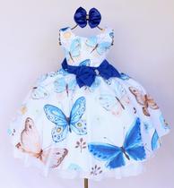 Vestido Infantil Para Festa Jardim Encantado Azul Borboletas Luxo E Tiara