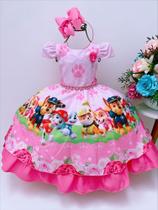 Vestido Infantil Patrulha Canina Rosa Barrado Chiclete Festa Luxo Temático