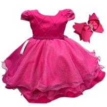 Vestido infantil perolado drapeado pink luxo acompanha laço de cabelo