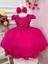 Vestido Infantil Pink C/ Laço e Renda Cinto de Pérolas Luxo Festa 1053PC