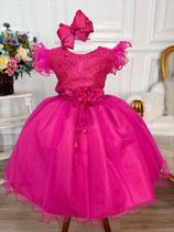 Vestido infantil pink c/ renda e broche de flor e pérola