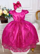 Vestido Infantil Pink C/ Renda Realeza e Cinto de Pérolas luxo festa 4610PN