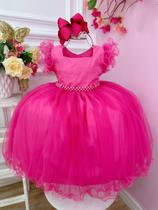 Vestido Infantil Pink C/ Strass no Busto e Cinto de Pérolas Luxo Festa 3589PK - Utchuk Kids