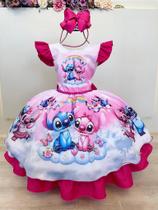Vestido Infantil Pink Lilo Stitch e Angel Apaixonados para Festas - Tamanhos Variados