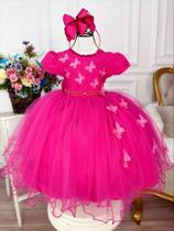 Vestido Infantil Pink Peito Nervura C/ Aplique Borboletas luxo festa