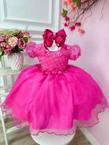 Vestido Infantil Pink Princesa Aurora Barbie Aplique Flores Luxo Festa 1293PL