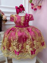 Vestido Infantil Pink Renda Realeza e Aplique de Borboletas festa luxo 2246PK