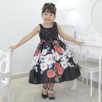 Vestido infantil preto com rosas vermelhas e bordado na gola
