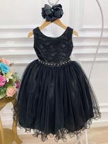 Vestido Infantil Preto Damas de Honra Renda Pérola e Strass