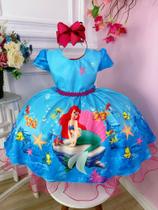 Vestido Infantil Princesa Ariel Sereia Fundo do Mar Azul - tam 6
