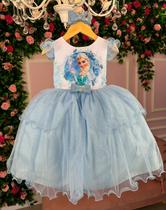 Vestido infantil princesa frozen azul c/ laço e glitter