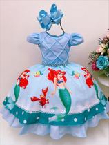 Vestido Infantil Princesa Sereia Ariel Azul Strass Pérolas