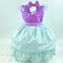 Vestido Infantil Princesa Sereia Cinto Pérolas Azul e Roxo