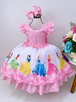 Vestido Infantil Princesas da Disney Rosa Floral Luxo - tematicos
