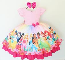 Vestido Infantil Princesas Luxo Colorido Aniversário E Tiara