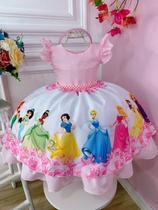 Vestido Infantil Princesas Rosa Aniversário Festa C/ Tiara - TEMATICOS