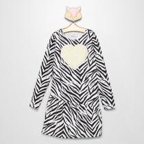 Vestido Infantil Quimby Flanelado Zebra Coração Manga Longa