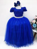 Vestido Infantil Realeza Azul Royal com Renda e Pérolas para Festa Luxo