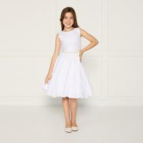 Vestido Infantil Renda Laise Regata Cinto Pérola Branco Luxo