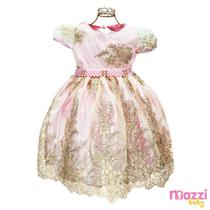Vestido infantil renda luxo rosa com dourado casamento festa - Mariê