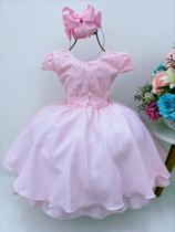 Vestido Infantil Rosa Aplique Borboleta Laço Pérola Cinto - tamanho 1 - jeito de menina