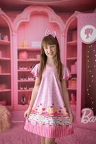 Vestido Infantil Rosa Barbie C/ Laço Cabelo - Envio Rápido