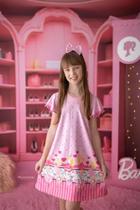 Vestido Infantil Rosa Barbie C/ Laço Cabelo - Envio Rápido