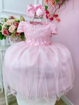 Vestido Infantil Rosa Bebê C/ Renda e Aplique Flores Festas 3586RS