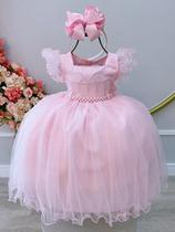 Vestido Infantil Rosa Bebê Strass no Busto e Cinto de Pérolas