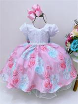 Vestido Infantil Rosa Branco Florista Flores Casamento Festa - Tio Dedé