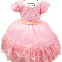 Vestido infantil rosa busto bordado e cinto perolado d5000-18