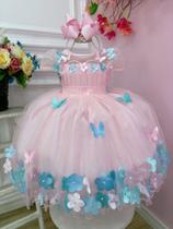 Vestido Infantil Rosa Busto Plissado Aplique Flores Borboleta Luxo Festa 3582RS