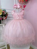 Vestido Infantil Rosa C/ Aplique de Flores e Renda Luxo