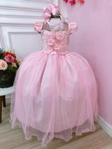 Vestido Infantil Rosa C/ Aplique Flores e Renda Damas Luxo - Vila Lelê