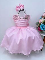 Vestido Infantil Rosa C/ Renda Cinto de Pérolas Luxo Festa 1488RS