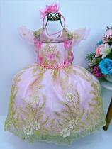 Vestido infantil rosa c/ renda e aplique borboletas pérolas